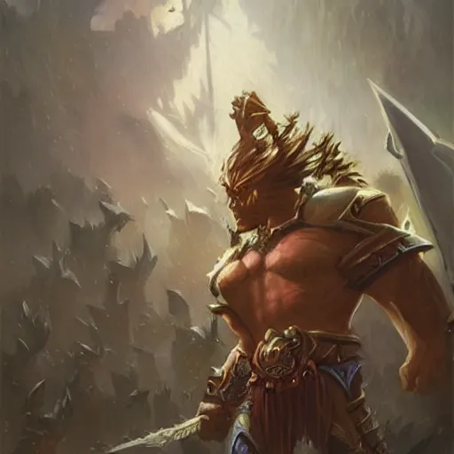 Image similar to blademaster from warcraft 3, oil painting, by greg rutkowski