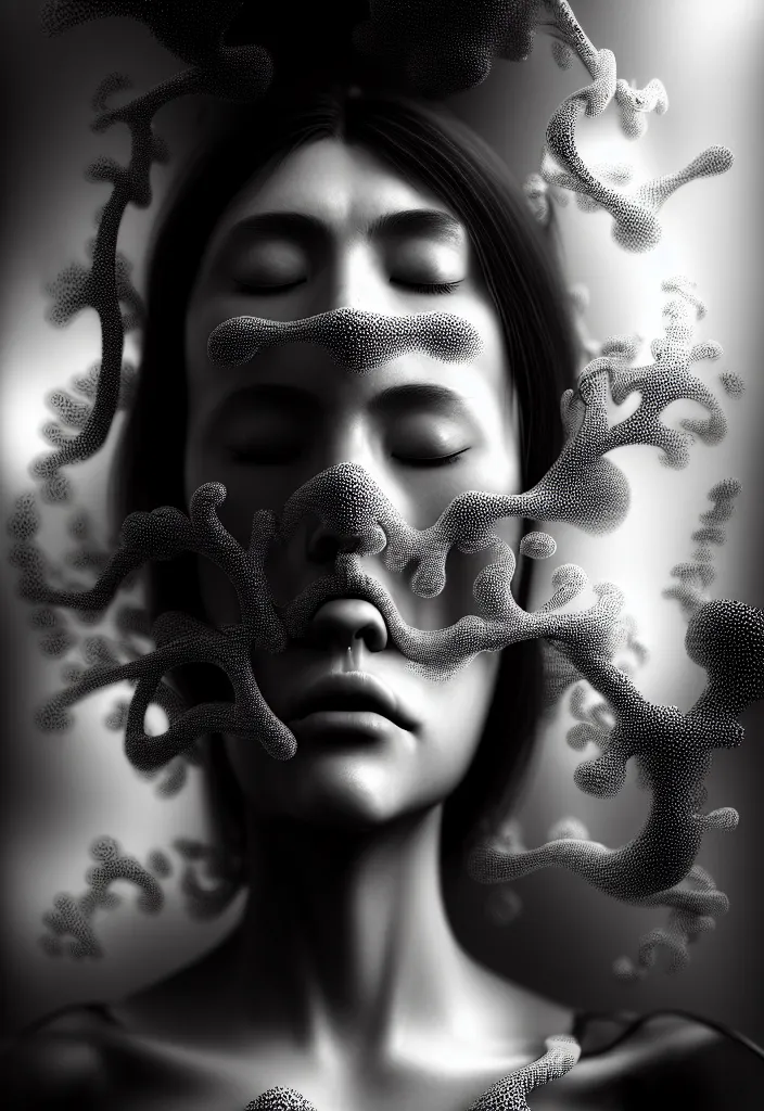 Image similar to one young beautiful woman with eyes closed, with a medical mask. fractal, mandelbulb, speed painting, scribble art, octane render, portrait. black and white. intricate detail, beautiful, moody, cinematic. futurism, Unreal Engine, photorealistic.