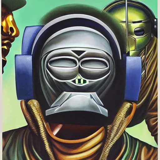 Image similar to beautiful lifelike painting of mf doom sets phaser to stun, hyperreal detailed facial features and uv lighting, art by ed roth and basil wolverton