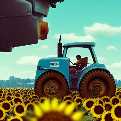 Image similar to cute tractor on sunflower field cyberpunk art by mike winkelmann, trending on cgsociety, retrofuturism, reimagined by industrial light and magic, darksynth, sci - fi