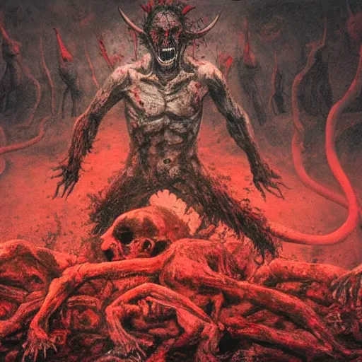 Image similar to demon eating man flesh on a huge pile of dead bloody bodies, rivers of blood running down, black ground, black sky, red sun