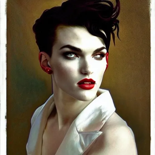 Image similar to graceful portrait of androgynous ruby rose as desire from sandman in a white tuxedo!!!, rockabilly style,, by alphonse mucha, by jeremy mann, by peter lindbergh, dave mckean, by frank moth, white suit and black tie, soft lightning, high detailed, 8 k