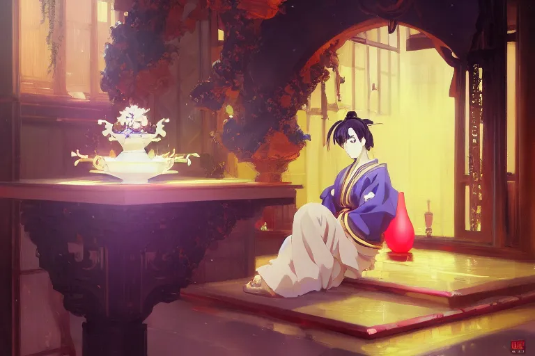 Image similar to baroque! oil painting of anime key visual environment concept art of anime! shinto priestess pouring a cup of tea, sat in seiza position, award winning anime, trending on artstation, palette knife! and brush strokes, oil on canvas, makoto shinkai greg rutkowski studio ghibli