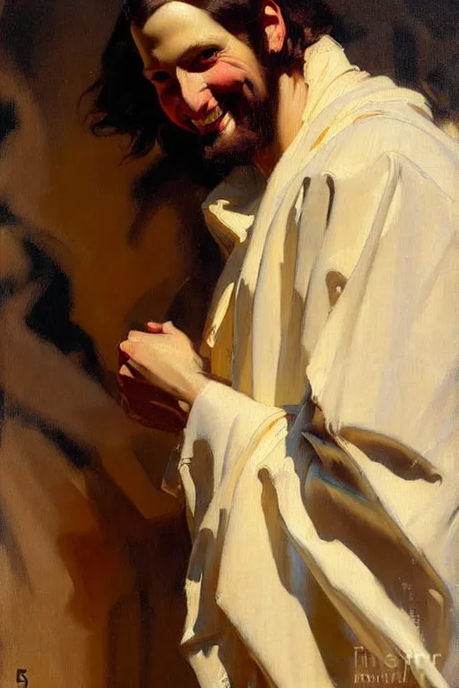 Prompt: leyendecker and solomon joseph solomon and richard schmid and jeremy lipking victorian loose genre loose painting full length portrait painting of jesus with a slight smile happy inviting
