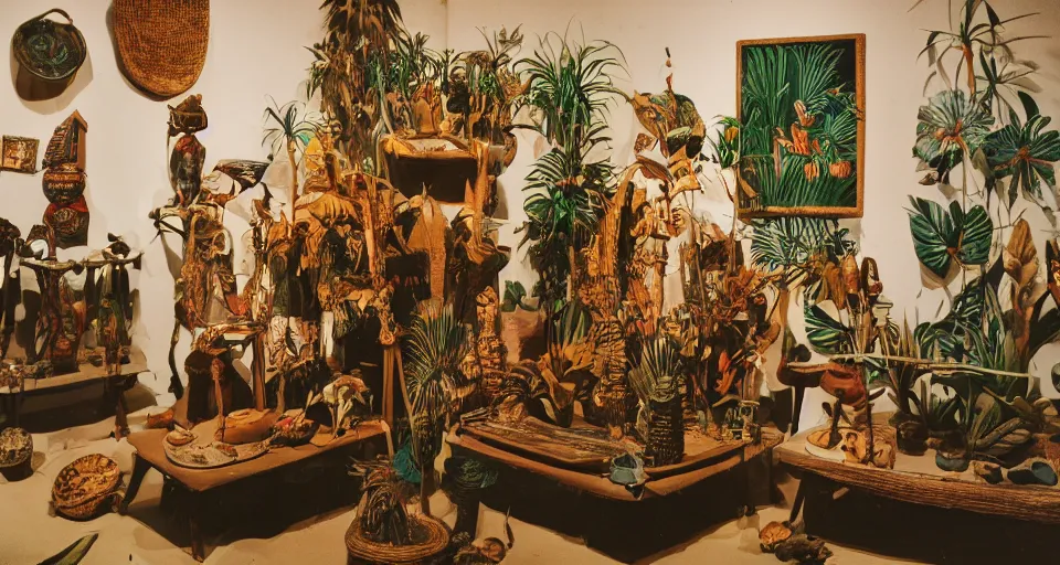 Image similar to An offset photography of an object on display, three colors, (anthropology of wonder), ((exotic artifacts)), bauhause, (tropicalism), (colonial expedition), exhibition, 60s style