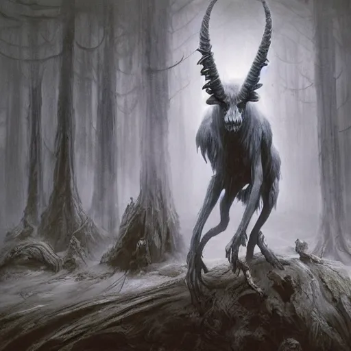 Prompt: concept art of a ancient magus, fae, white skulled creature with black fur, elegant, tendrils, forest, heavy fog, fantasy, wayne barlowe