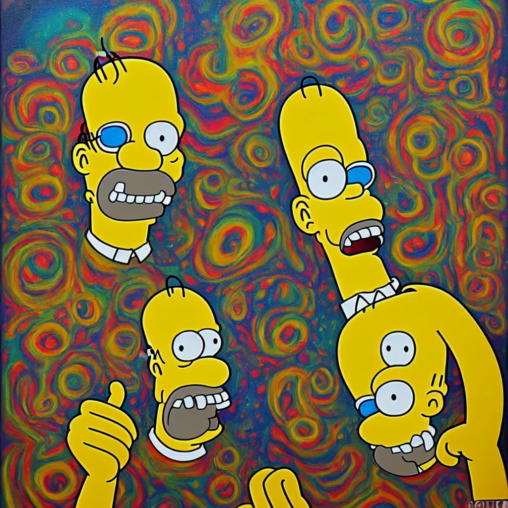 Image similar to an oil on canvas portrait painting of a homer simpson acid trip, polycount, surrealism, surrealist, lovecraftian, cosmic horror, high detail