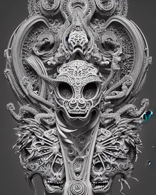 Image similar to 3 d ornate carved goddess with tattoos profile portrait, sigma 5 0 0 mm f / 5. beautiful intricate highly detailed quetzalcoatl skull. bioluminescent, plasma, lava, ice, water, wind, creature, thunderstorm! artwork by tooth wu and wlop and beeple and greg rutkowski, 8 k trending on artstation