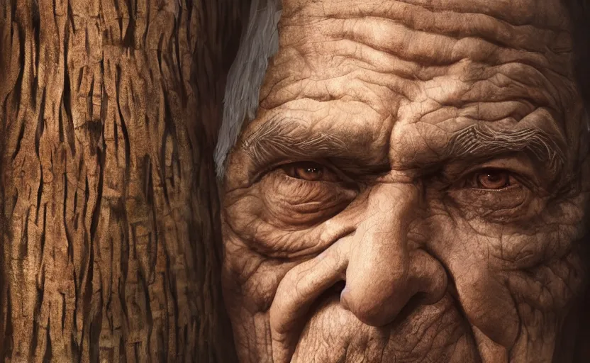 Image similar to an old man's face made of bark and wood in a tree, magical, fantasy art, 8k hdr pixiv dslr photo by Makoto Shinkai ilya kuvshinov and Wojtek Fus, digital art, concept art,