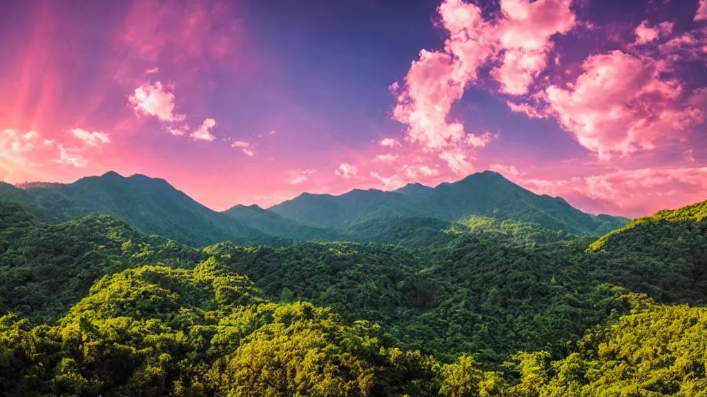 Image similar to Beautiful green lush mountains under the anime pink clouds backlit by the sun