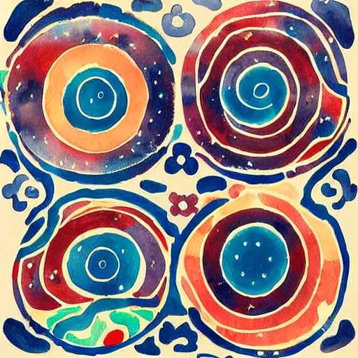 Prompt: a wonderful painting of circles with fractal shapes on a background, all painted in a multicolored chinese ink style and the style of artist akiko nakayama