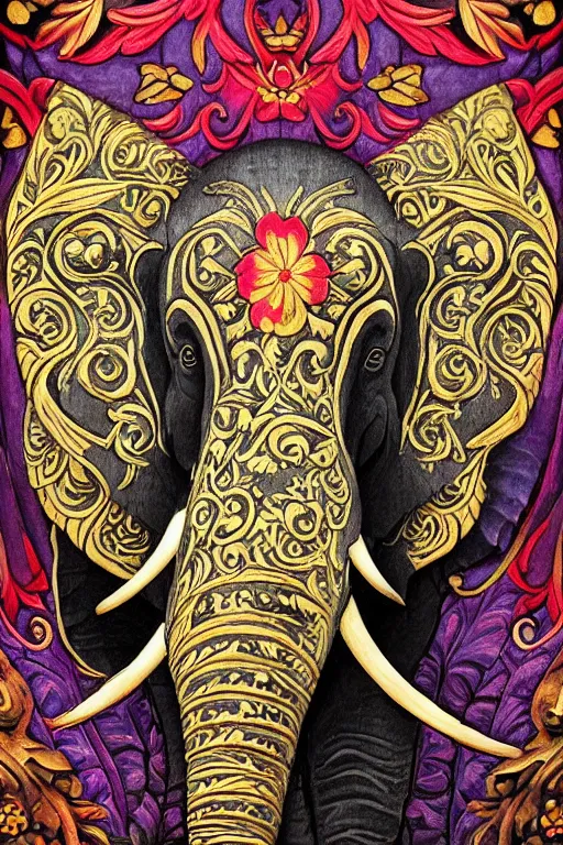 Image similar to Painted dark-wood panel relief carving of a close up of a Flowerpunk Matriarch Elephant, ornate border frame, explosion of colorful flowers, dark wood, intricately carved, black ink, festival of rich colors, intricate details, cinematic lighting, volumetric lighting, post-processing, art nouveau, by andreas rocha and john howe, and Martin Johnson Heade, featured on artstation, featured on behance, golden ratio, hyper detailed, photorealistic, epic composition, center spotlight, f32, well composed, symmetrical, UE5, 8k