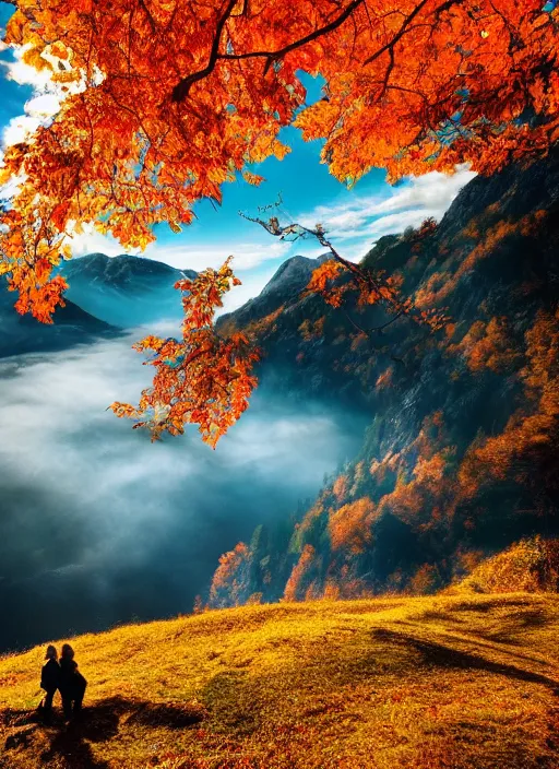 Image similar to an award winning photo of a cool autumn day in bergen norway, colorful leaves red orange yellow on trees, leaves falling to the ground, beautiful mountains, breathtaking blue sky, wispy cloud. travel photography by charlie waite, max rive, caroline foster.