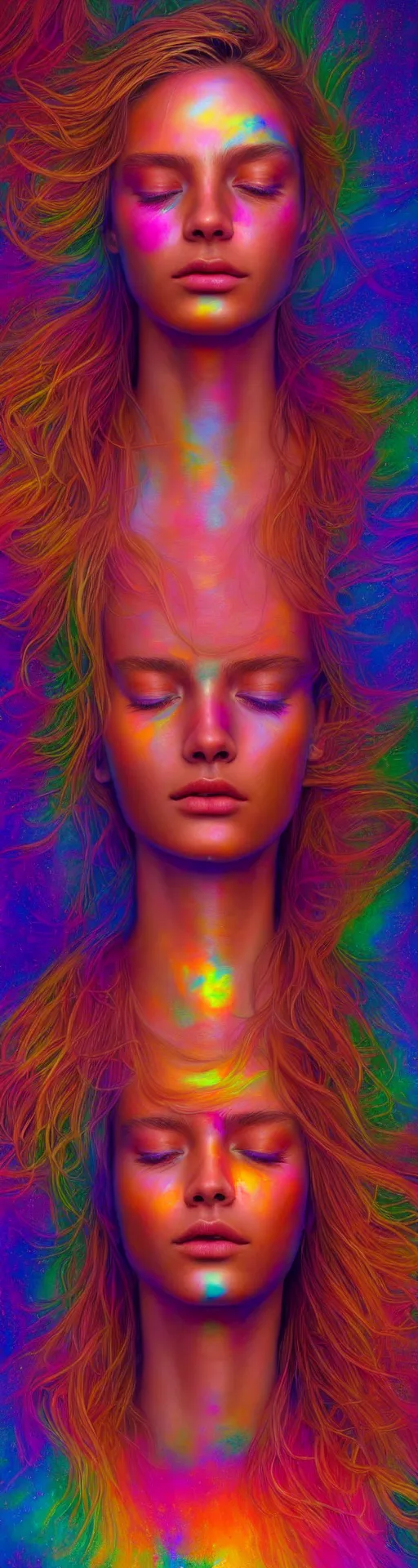 Image similar to hyperrealistic close-up psychedelic portrait of pretty girl! peaceful aura and soul of heaven highly detailed concept art eric zener elson peter, Leng Jun, DMT, epic cinematography, rainbow golden ratio, lighting high angle hd 8k sharp shallow depth of field, inspired by Zdzisław Beksiński and Pablo amaringo