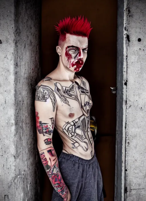 Image similar to a young man of 2 5 years old, with a bruised face and bruises, is standing in a doorway in a boxer's stance, casual clothing style, hairstyle red mohawk, draw style, cold colors, comics style, angry 8 k