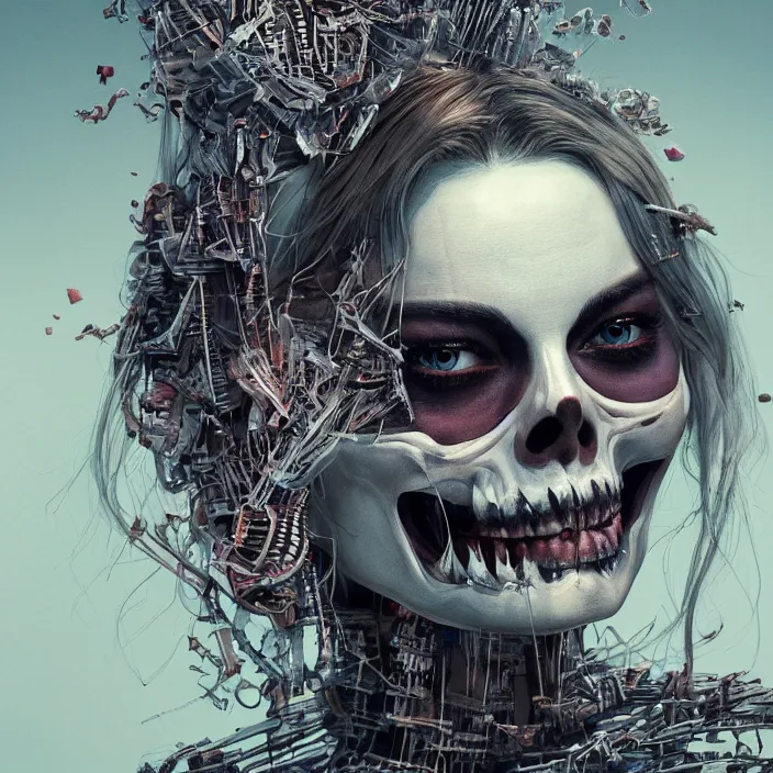 Image similar to portrait of Margot Robbie as a skeleton. intricate abstract. intricate artwork. nightmare fuel. by Tooth Wu, wlop, beeple, dan mumford. octane render, trending on artstation, greg rutkowski very coherent symmetrical artwork. cinematic, hyper realism, high detail, octane render, 8k, iridescent accents