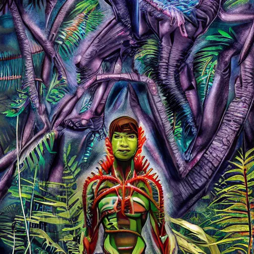 Image similar to a mutant cyborg in a tropical forest, connected to a tree by plant roots and electric cables, detailed, afro futurism painting