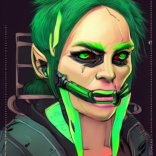 Prompt: concept art of a cyberpunk orc hacker girl with green skin and tusks. Trending on artstation