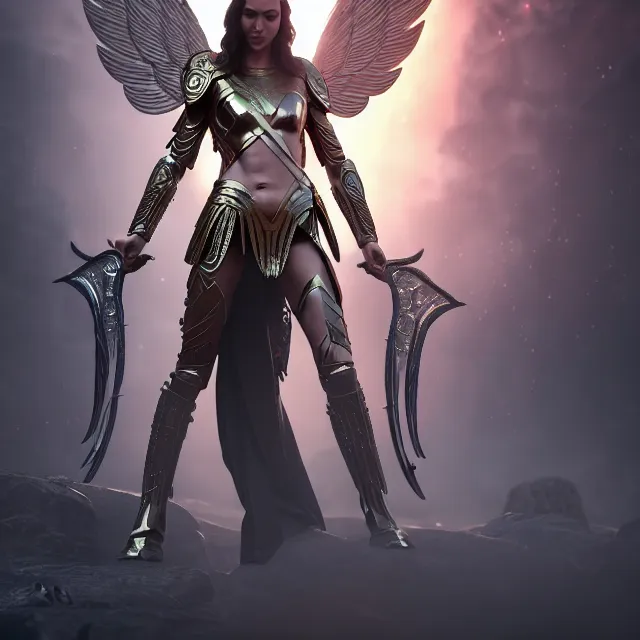 Prompt: tull body shot, hero pose of a beautiful angel warrior queen gal gadot in futuristic dark seraphim angelic intricate body sculpted cosmic armor and flowey ornate robes, highly detailed, 8 k, hdr, digital art, octane render, neo classical appeal award - winning, trending on artstation, ann stokes