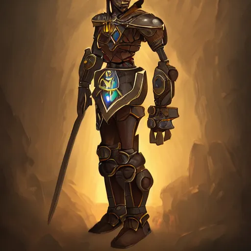 Prompt: A paladin from Dungeons & Dragons looking like the cyclops BIONICLE Keetongu with mystical tattoos on his arms, artstation, Matt Betteker