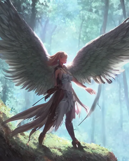 Image similar to a female anthropomorphic eagle warrior. She has two wings on her back. Forest, clearing. Full shot, wings are focus. Atmospheric lighting, By Makoto Shinkai, Stanley Artgerm Lau, WLOP, Rossdraws, James Jean, Andrei Riabovitchev, Marc Simonetti, krenz cushart, Sakimichan, D&D trending on ArtStation, digital art.