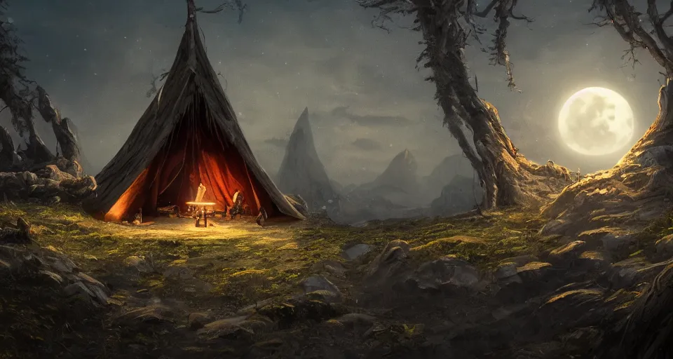 Prompt: an epic fantasy adventurer's camp with a hide tent at night with a full moon, 4 k, extremely detailed. award winning, trending on artstation, 8 k, ultra wide angle