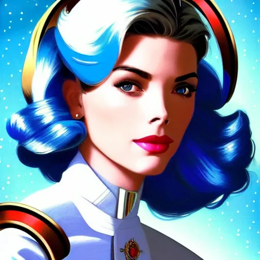 Image similar to Ashley Greene's face combined with Grace Kelly's face with blue hair as a retro-futuristic astronaut, western, D&D, fantasy, intricate, elegant, highly detailed, digital painting, artstation, concept art, matte, sharp focus, illustration, art by Artgerm and Greg Rutkowski and Alphonse Mucha