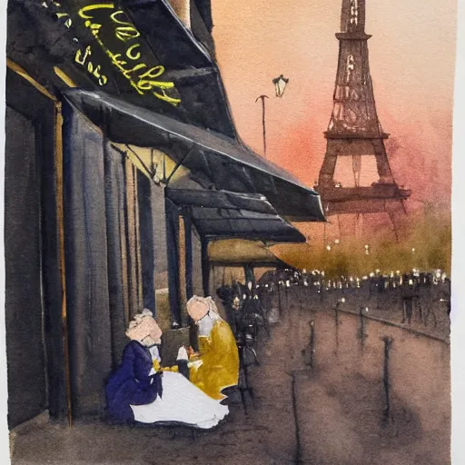 Image similar to two young edwardian women sit outside a cafe in paris at night, the moon is in the sky, the eiffel tower is visible in the background, realistic watercolour