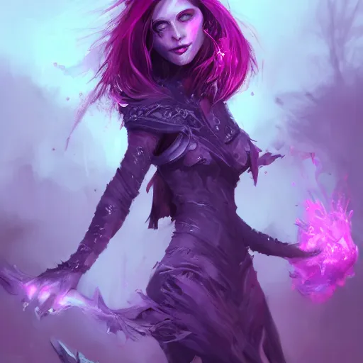 Image similar to necromancer glowing with purple magic, red hair, female, glacier landscape, D&D, fantasy, intricate, elegant, highly detailed, digital painting, artstation, concept art, matte, sharp focus, illustration, art by Ben Quilty