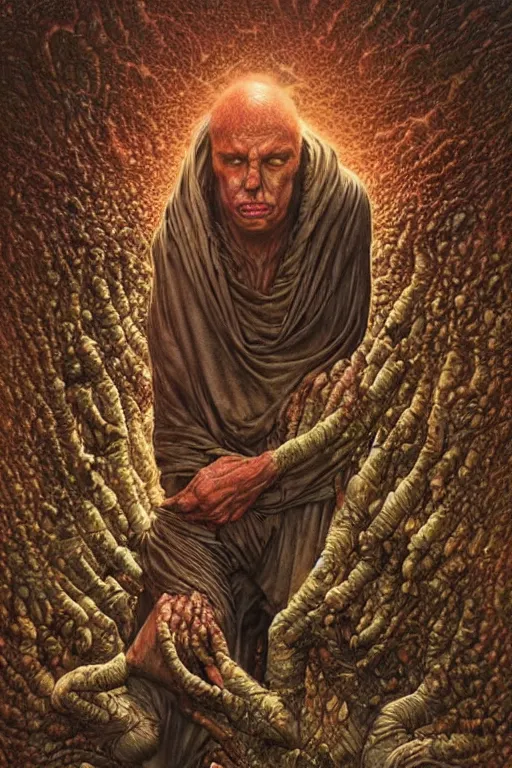 Image similar to a man whose arm is covered in painful alien bug eggs. art by tomasz alen kopera and glenn fabry.