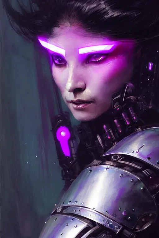 Prompt: extreme close up, facial portrait, woman with a long black ponytail in purple sci - fi armor, kitsune inspired armor, bionic leather armor, small neon lights on armor, cybernetic hands, stoic, grim dark, moody, portrait dnd, painting by gaston bussiere, craig mullins, greg rutkowski, yoji shinkawa