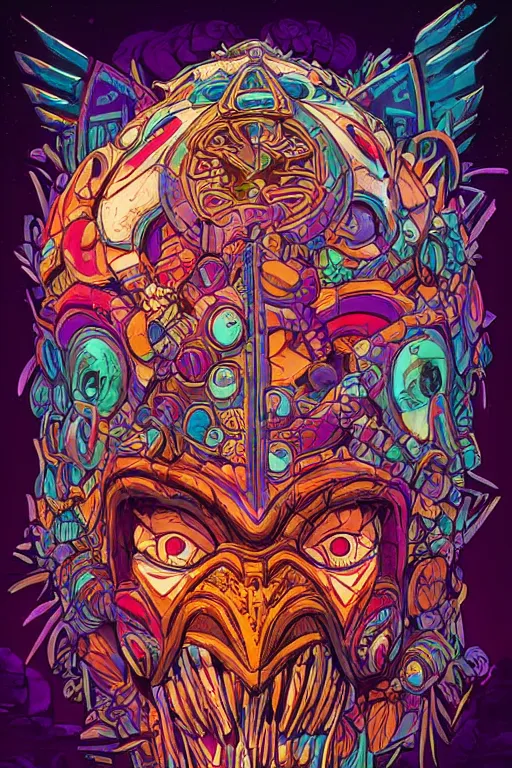 Image similar to totem animal tribal chaman vodoo mask feather gemstone plant video game illustration vivid color borderlands by josan gonzales and dan mumford radiating a glowing aura