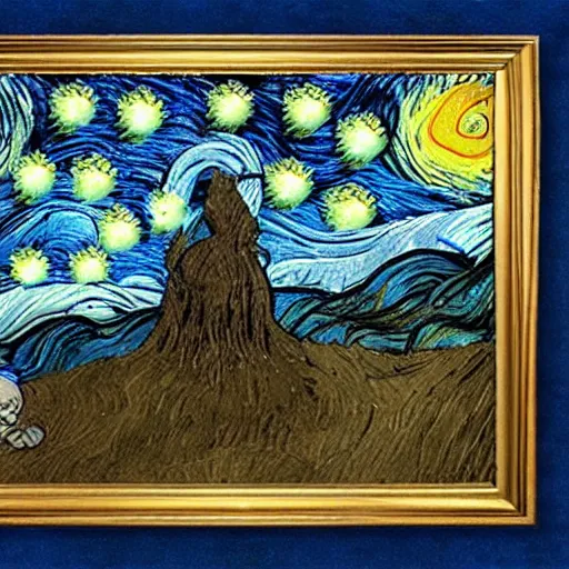 Image similar to smurfs by da vinci, starry night style