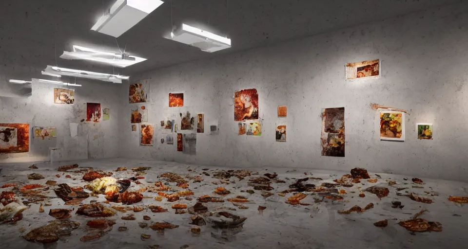 Prompt: a gallery exhibition, photographs of rotten food, exhibition, show, vibrant scene, volumetric lighting, environment concept, hyper realistic, 8 k render, unreal engine 5 render
