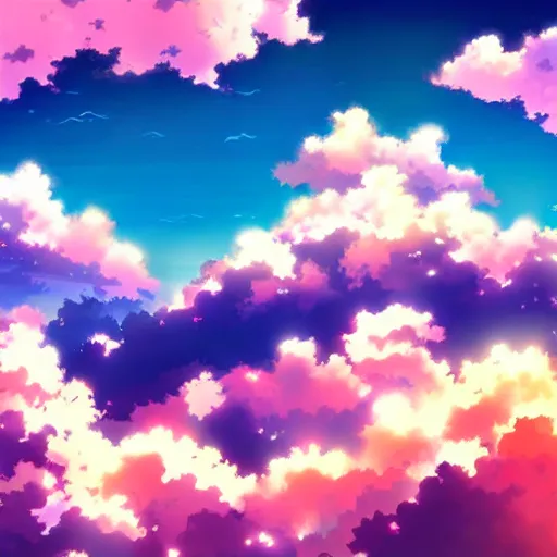 Image similar to epic anime clouds, high colored, blue sky