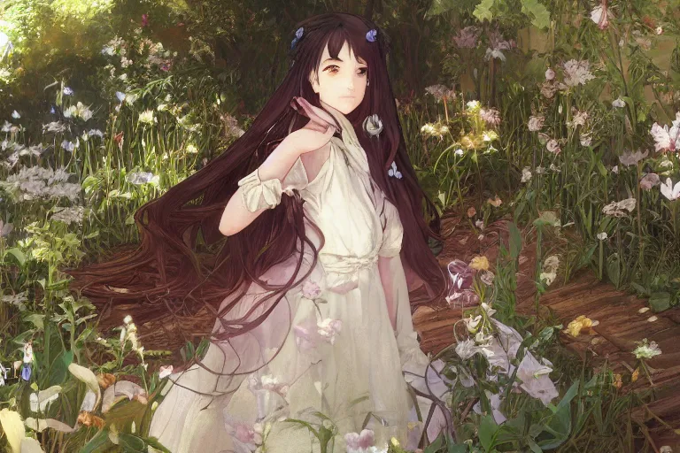 Image similar to a digital art of a loli with long hair in a dress in the privet garden at after noon, by krenz cushart and mucha and akihito yoshida and greg rutkowski and makoto shinkai, detailed eyes, 4 k resolution 、 trending on art station