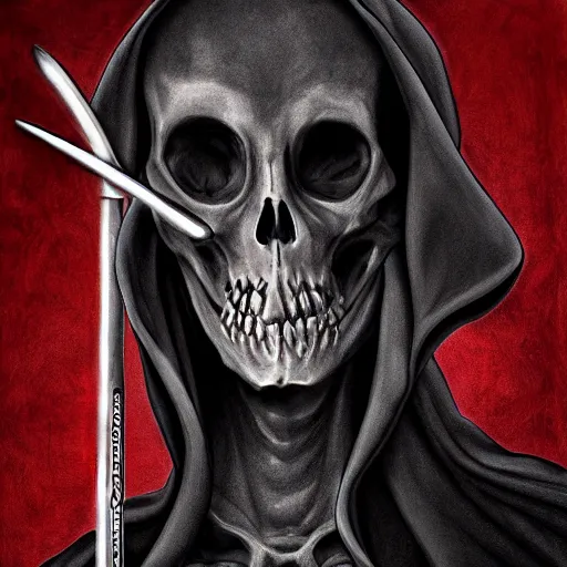 Image similar to Grim reaper playing card, digital art, cinematic, hyper realism, high detail,