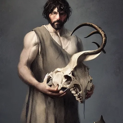 Image similar to man with goat horns holding an animal skull, style of da vinci, fantasy illustration, by greg rutkowski