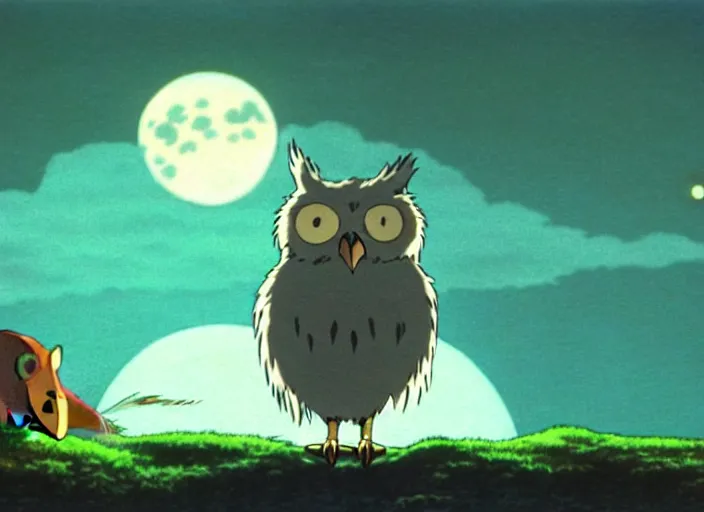 Image similar to a still from a studio ghibli movie of a cartoon owl from princess mononoke ( 1 9 9 7 ) firing laser beams from its eyes in front of a pale full moon, full body, wide shot, very dull muted colors, studio ghibli, highly detailed, deviantart, art by artgem