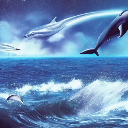 Image similar to a spaceship flies past an alien ocean and a dolphin wistfully watches from the water, sci-fi digital art illustration,