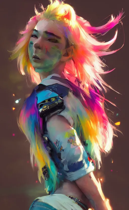 Image similar to a kawaii woman with rainbow hair dancing, kawaii shirt and jeans, In style of Yoji Shinkawa, wojtek fus, by Jordan Grimmer and greg rutkowski, concept art, highly detailed