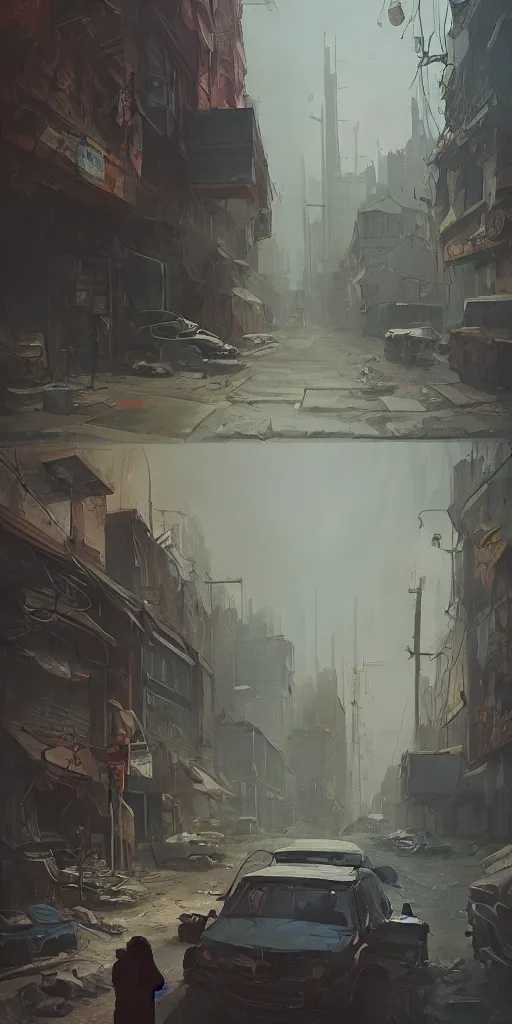 Image similar to a post apocalyptic street scene in the style of Sylvain Sarrailh, the occult, mysterious, strangeness, beautiful digital art, cinematic composition, detailed, concept art, Matt painting, oil painting, high res