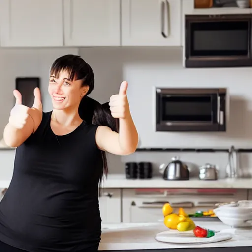 Image similar to fat woman with black long ponytail giving a thumbs up, selfie in the kitchen