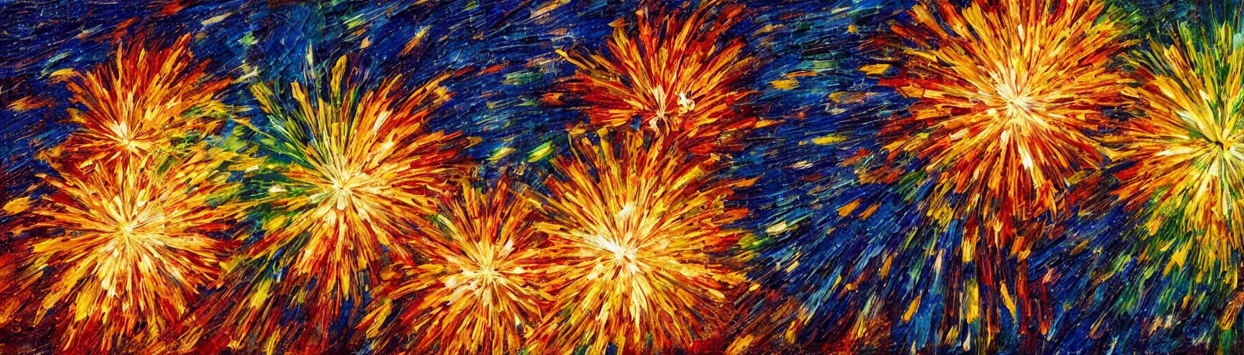 Prompt: texture of 3d high relief of vibrant fireworks in the night sky painted in the style of the old masters, painterly, thick heavy impasto, expressive impressionist style, painted with a palette knife