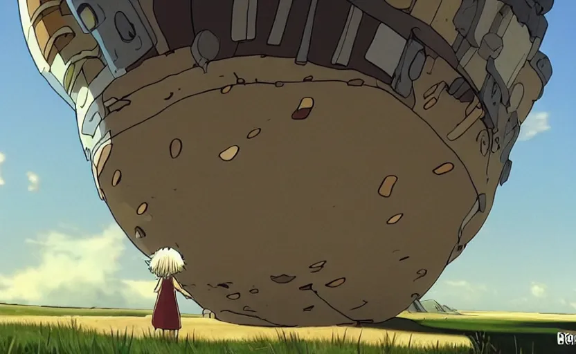 Image similar to a cell - shaded cartoon movie still from howl's moving castle ( 2 0 0 4 ) of a golden ufo very dull muted colors, hd, 4 k, hq