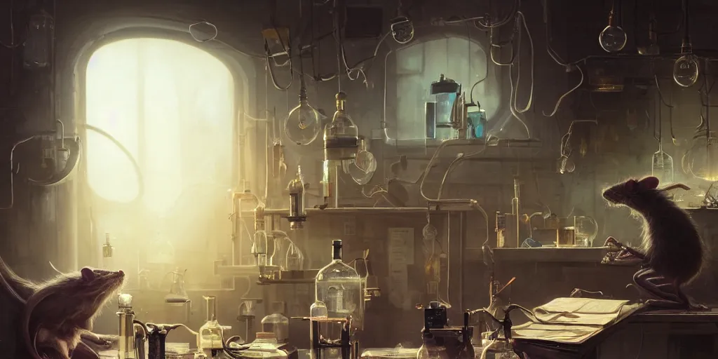 Image similar to humanoid rat in a laboratory sitting at a desk with lots of flasks filled with magic liquids and poisonous fog, stephen bliss, unreal engine, fantasy art by greg rutkowski, loish, rhads, ferdinand knab, ilya kuvshinov, rossdraws, tom bagshaw, global illumination, radiant soft light, detailed and intricate environment