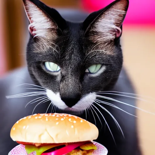 Image similar to photo of a pink cat eating a hamburger