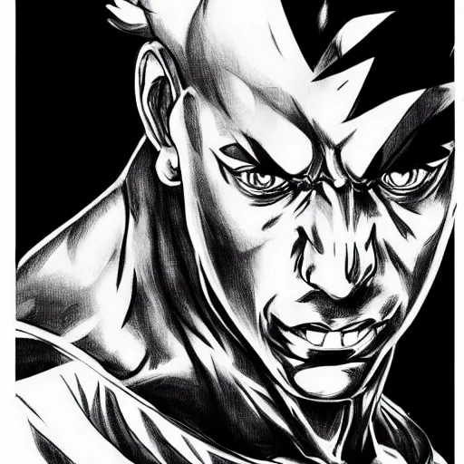 Image similar to Black and white manga drawing of Vin Diesel walking like a Italian model in JoJo style, highly detailed, sharp focus, anime, ArtStation, art by Hirohiko Araki