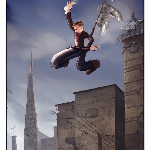 Image similar to A boy thief falling off a tall tower in a metal city wishing he could fly, epic fantasy style