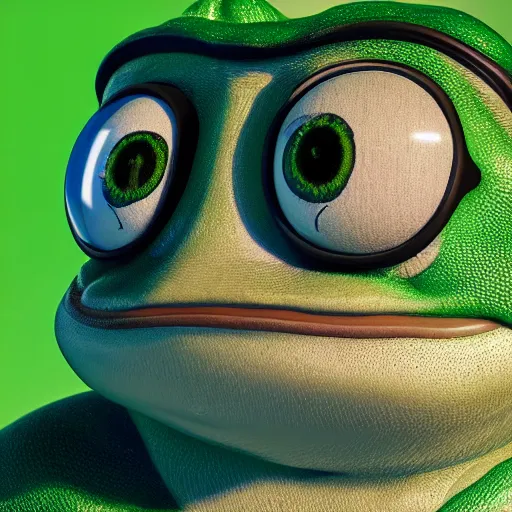 Image similar to pepe the frog, photorealistic render with cinematic lighting by beeple, cinema octane, unreal engine, 8 k